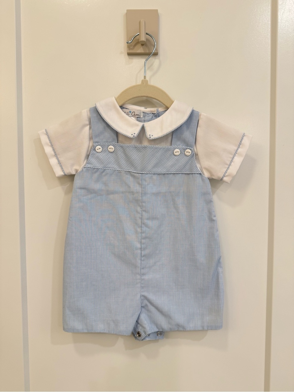 Classic Light Blue Gingham Baby Boy Romper with Attached White Shirt